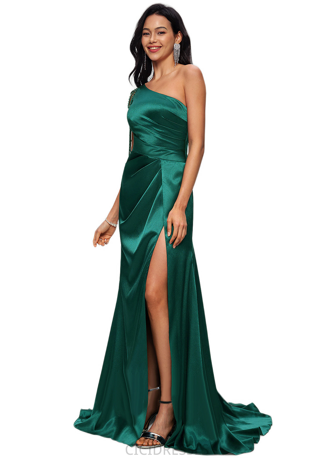 Danika Trumpet/Mermaid One Shoulder Sweep Train Stretch Satin Prom Dresses With Beading CIC8P0022205