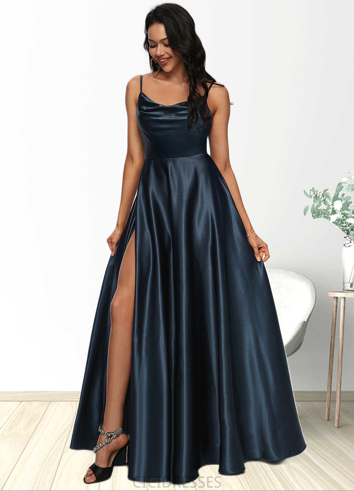 Aliza A-line Cowl Floor-Length Stretch Satin Prom Dresses CIC8P0022216