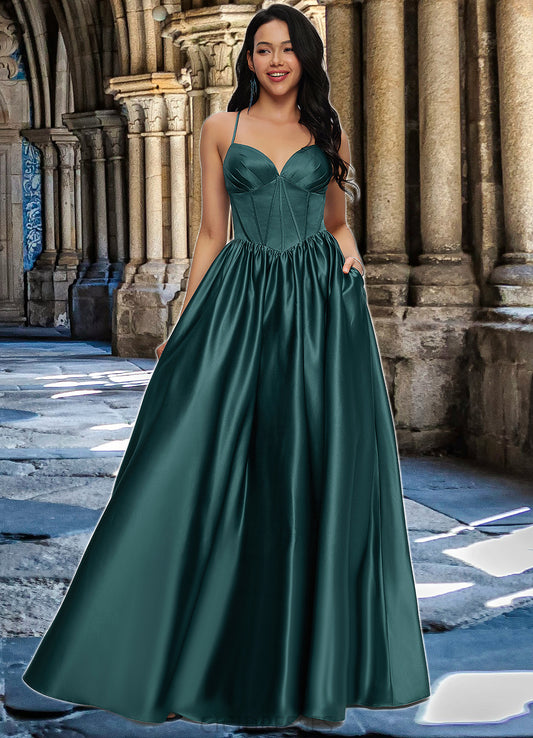 Elva Ball-Gown/Princess V-Neck Floor-Length Satin Prom Dresses With Pleated CIC8P0022230