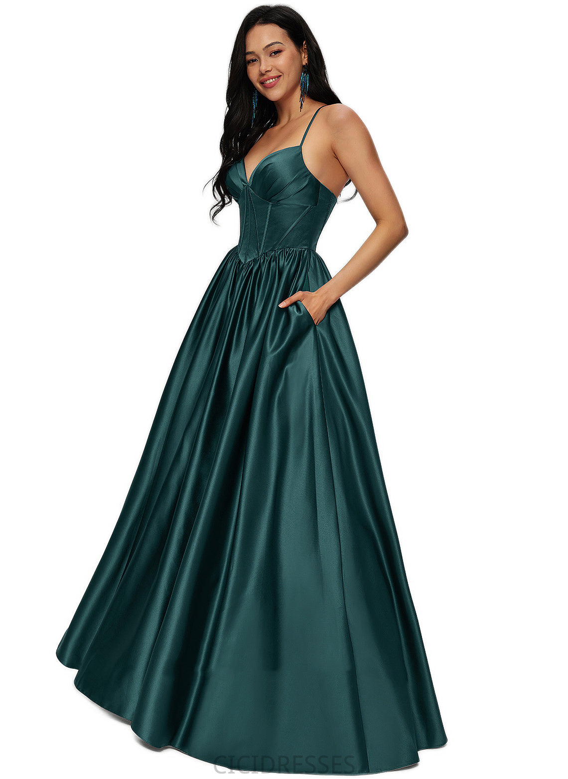 Elaina Ball-Gown/Princess V-Neck Floor-Length Satin Prom Dresses With Pleated CIC8P0022230