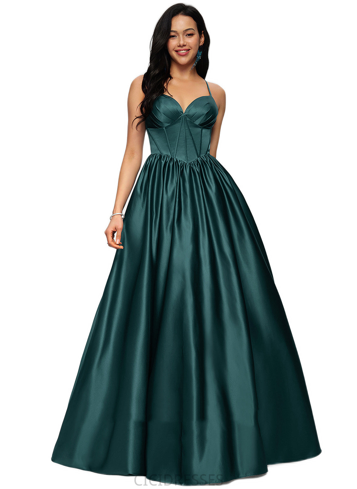 Elaina Ball-Gown/Princess V-Neck Floor-Length Satin Prom Dresses With Pleated CIC8P0022230