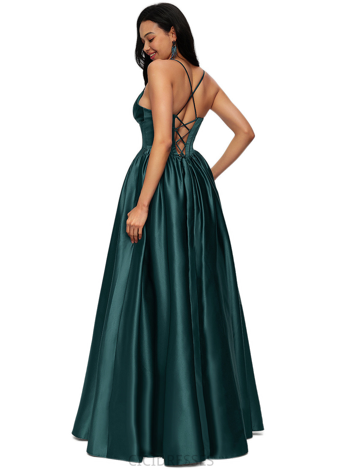 Elaina Ball-Gown/Princess V-Neck Floor-Length Satin Prom Dresses With Pleated CIC8P0022230