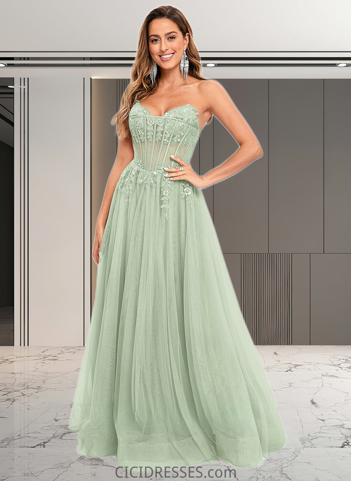 Lynn Ball-Gown/Princess V-Neck Floor-Length Tulle Prom Dresses With Sequins Appliques Lace CIC8P0025837