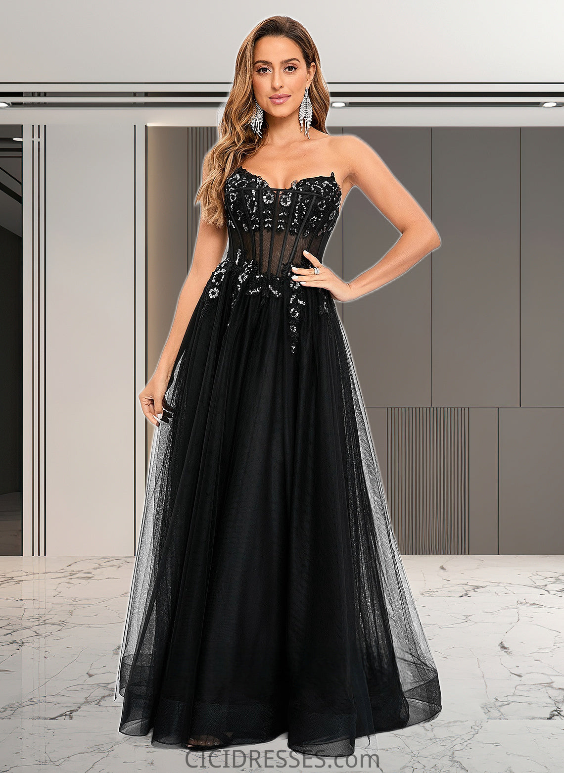 Lynn Ball-Gown/Princess V-Neck Floor-Length Tulle Prom Dresses With Sequins Appliques Lace CIC8P0025837