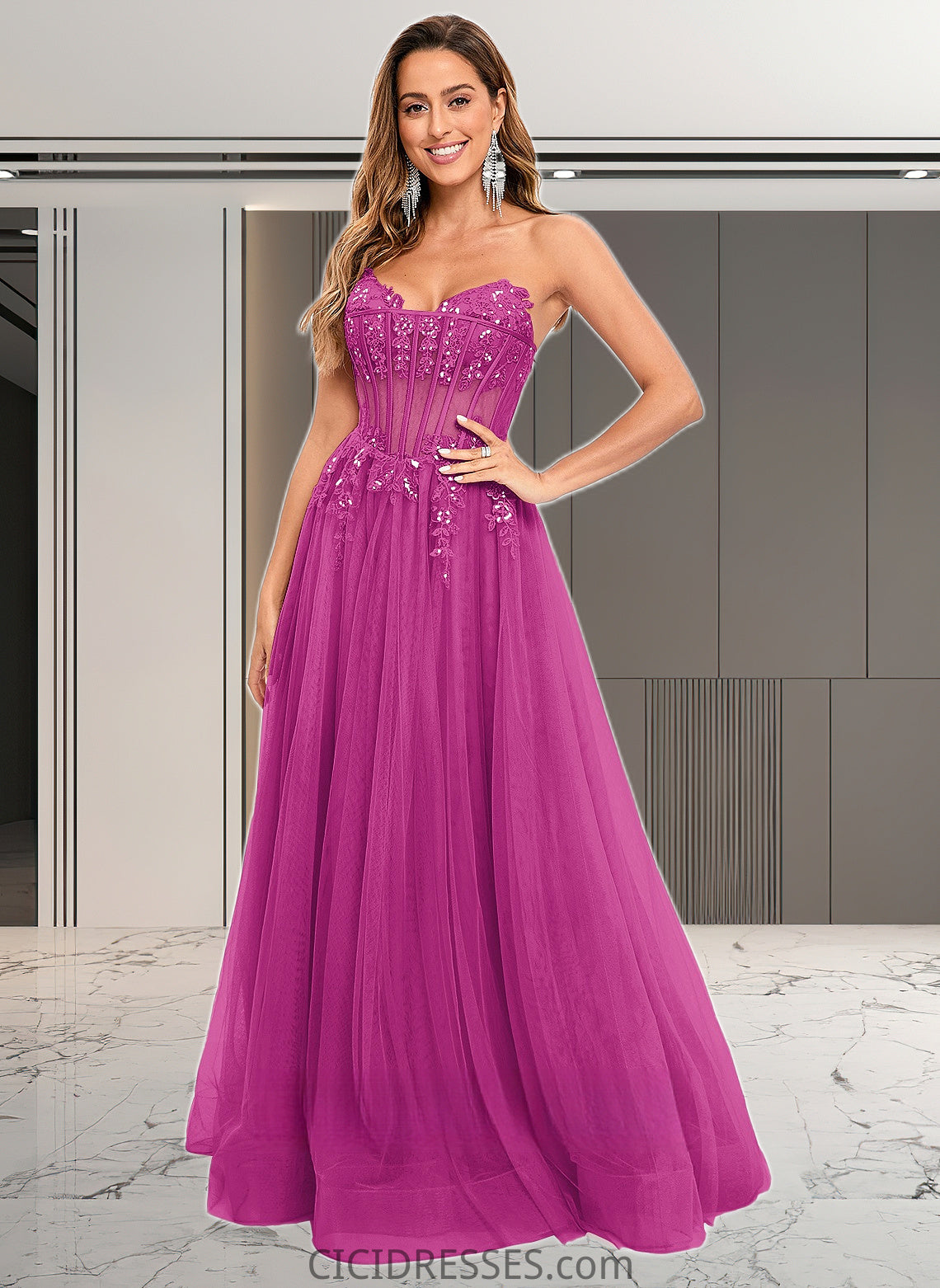 Lynn Ball-Gown/Princess V-Neck Floor-Length Tulle Prom Dresses With Sequins Appliques Lace CIC8P0025837