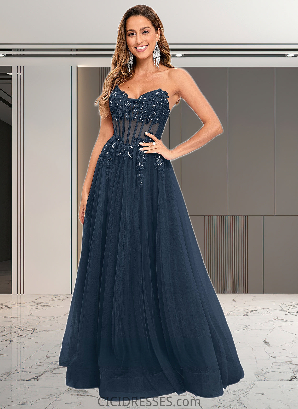 Lynn Ball-Gown/Princess V-Neck Floor-Length Tulle Prom Dresses With Sequins Appliques Lace CIC8P0025837