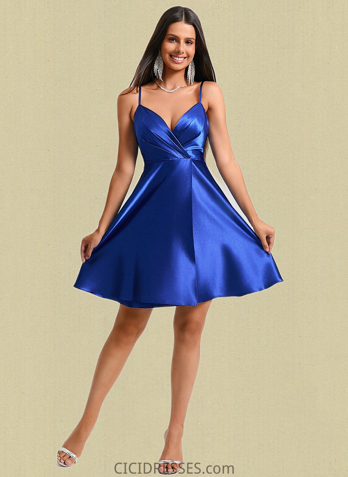 Kaylie A-line V-Neck Short Stretch Satin Homecoming Dress With Pleated CIC8P0025705