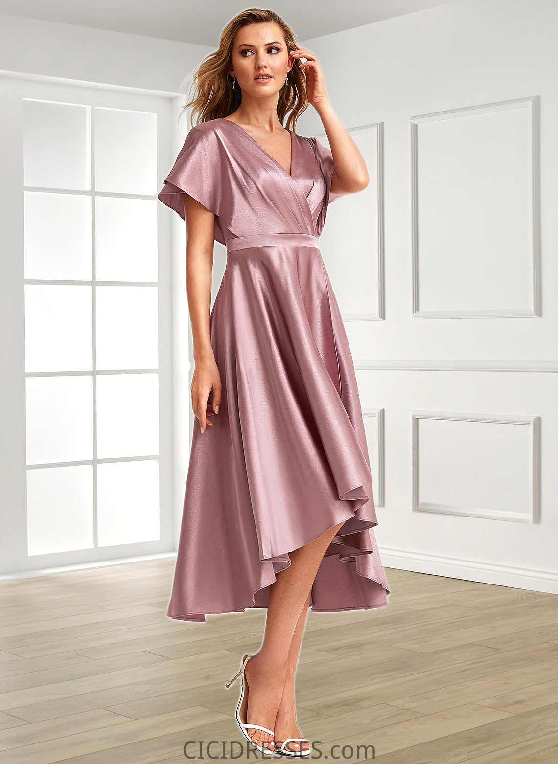 Elvira A-line V-Neck Asymmetrical Stretch Satin Bridesmaid Dress CIC8P0025752