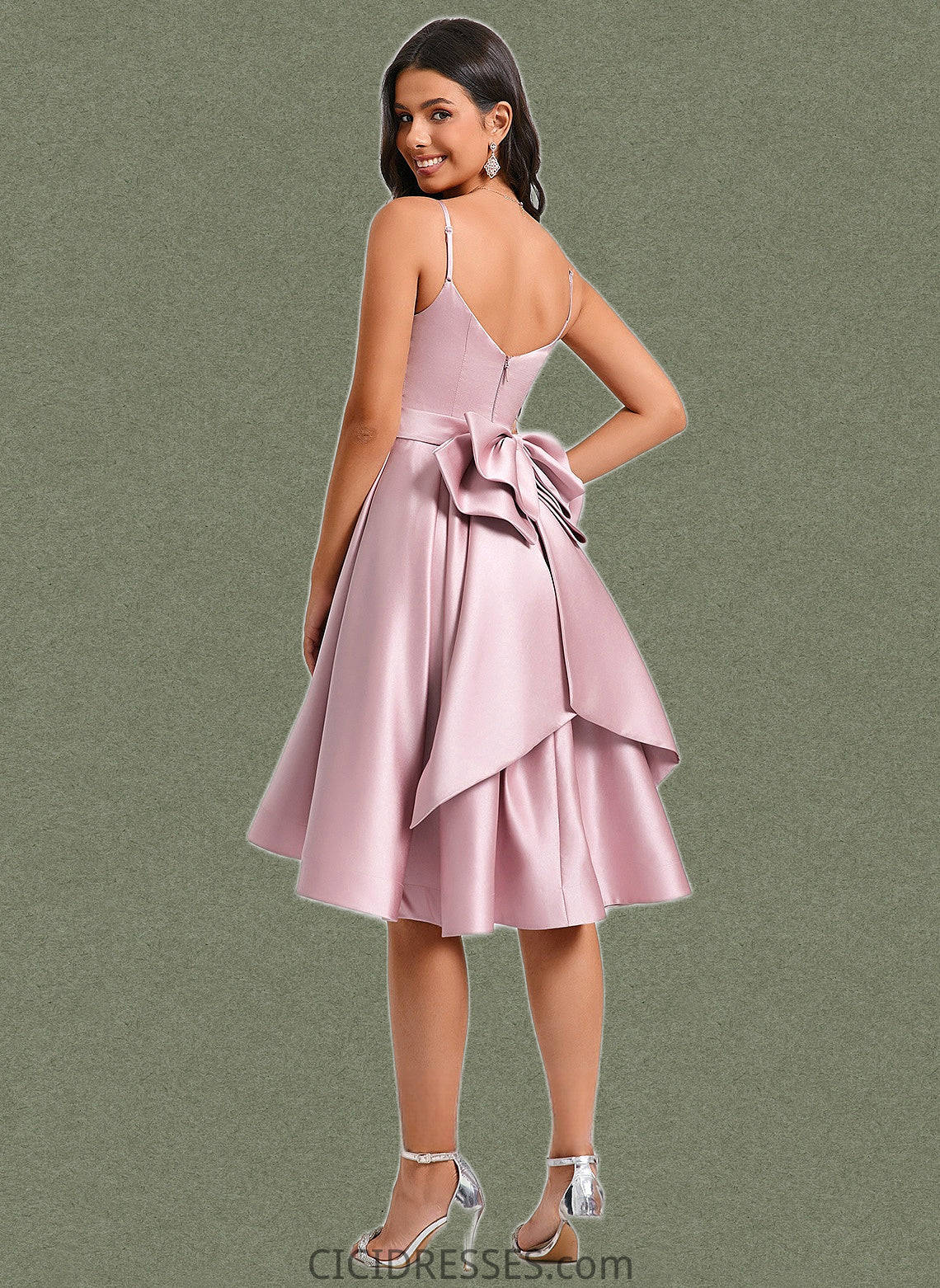 Vicky A-line V-Neck Asymmetrical Satin Homecoming Dress With Bow Pleated CIC8P0025699