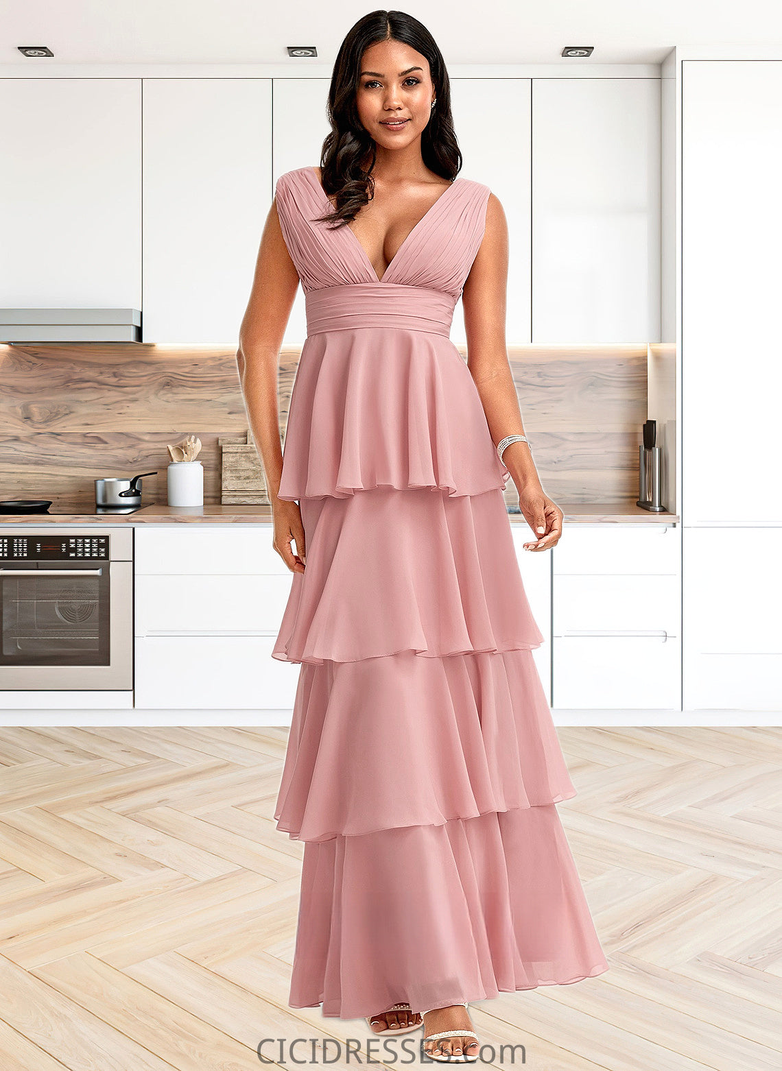 Aracely A-line V-Neck Floor-Length Chiffon Bridesmaid Dress CIC8P0025749