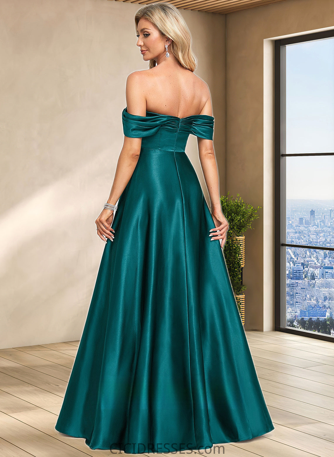 Phyllis A-line Off the Shoulder Floor-Length Stretch Satin Prom Dresses CIC8P0025879