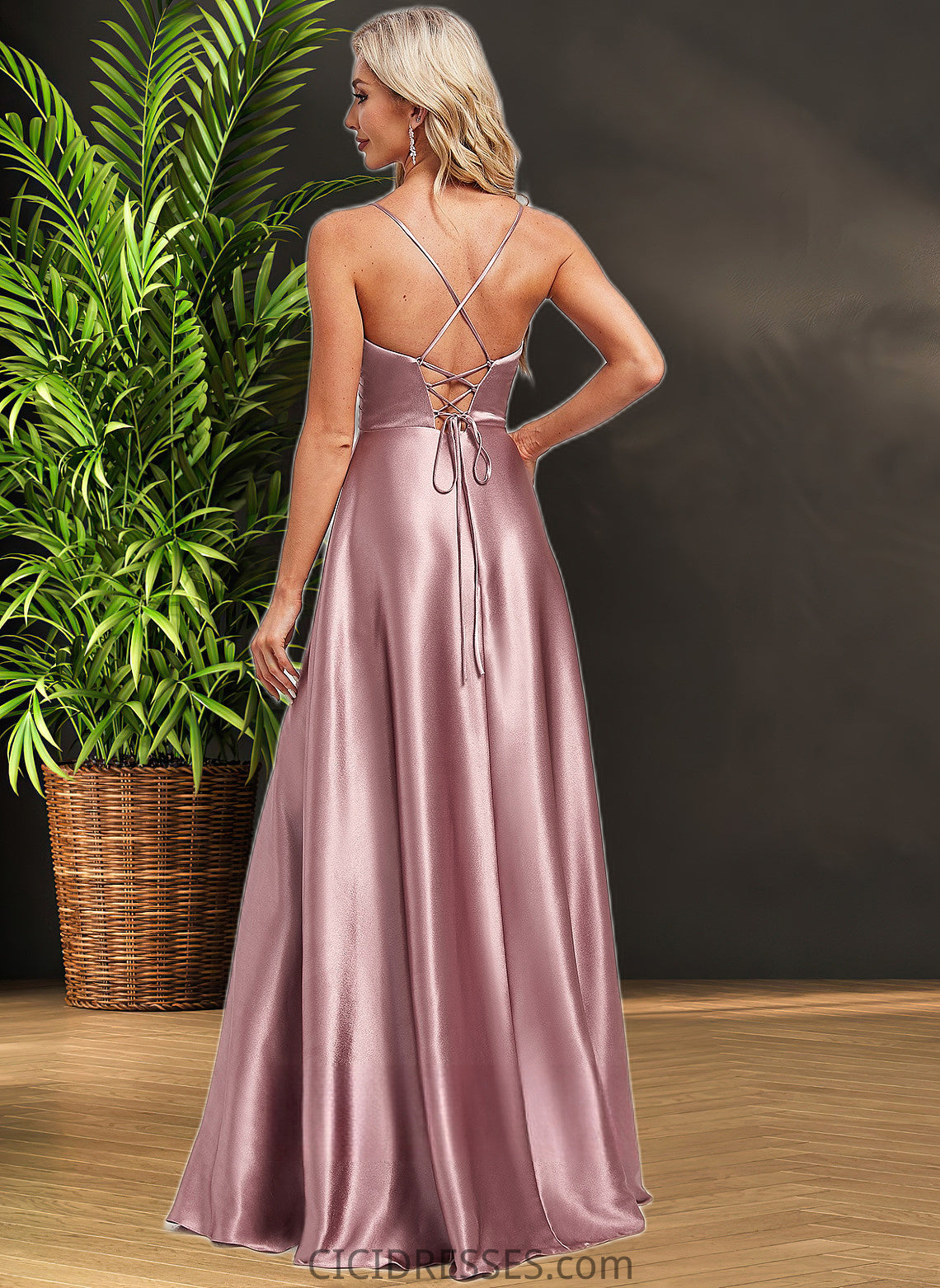 Lila A-line V-Neck Floor-Length Stretch Satin Bridesmaid Dress CIC8P0025822