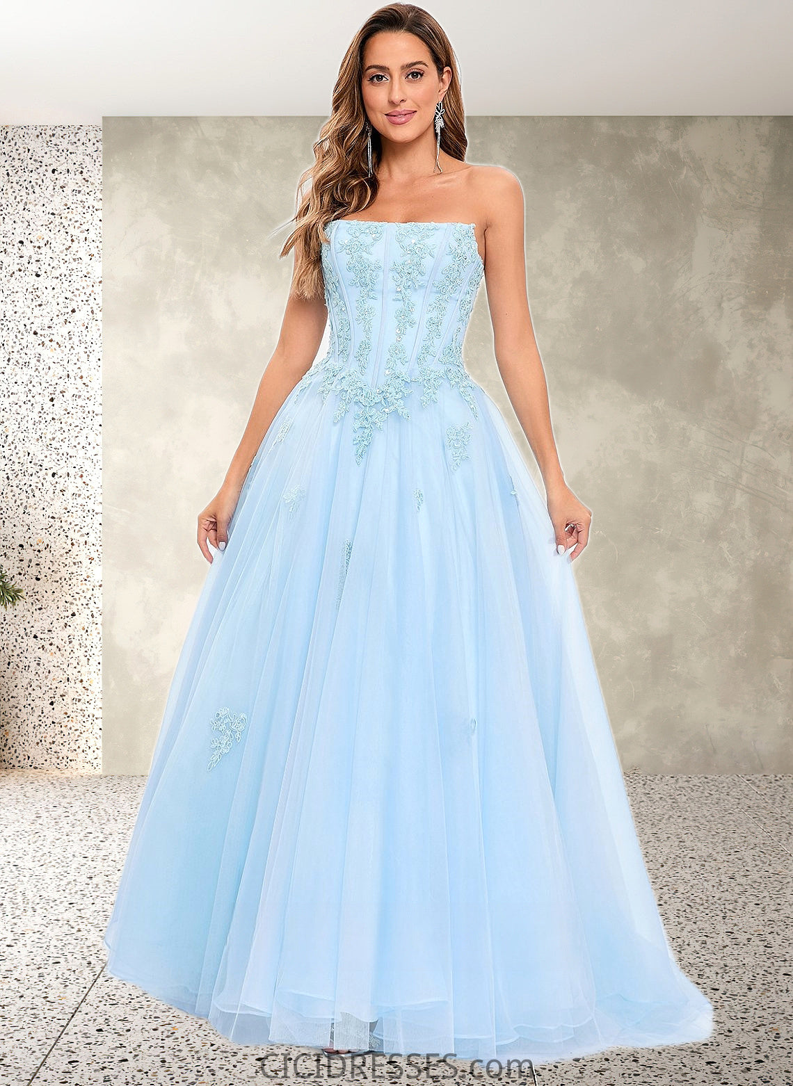 Alejandra Ball-Gown/Princess Straight Sweep Train Tulle Prom Dresses With Sequins Appliques Lace CIC8P0025864