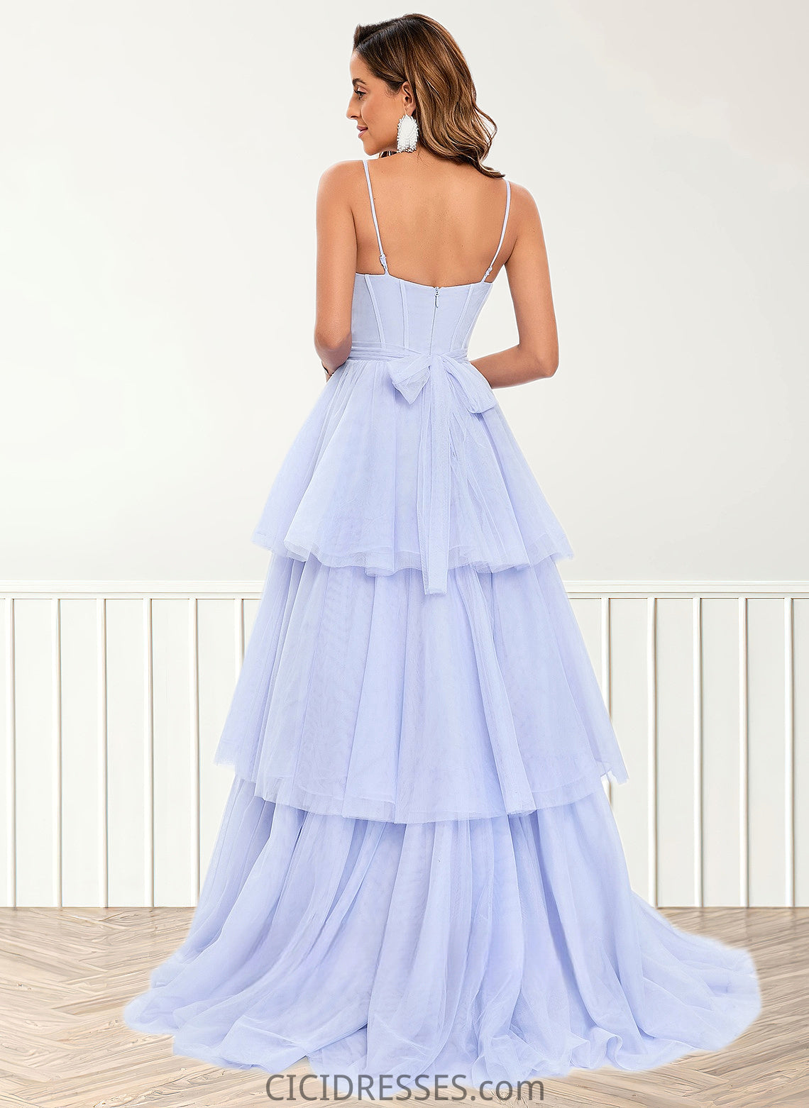 Nicola Ball-Gown/Princess Sweetheart Sweep Train Tulle Prom Dresses With Bow CIC8P0025843