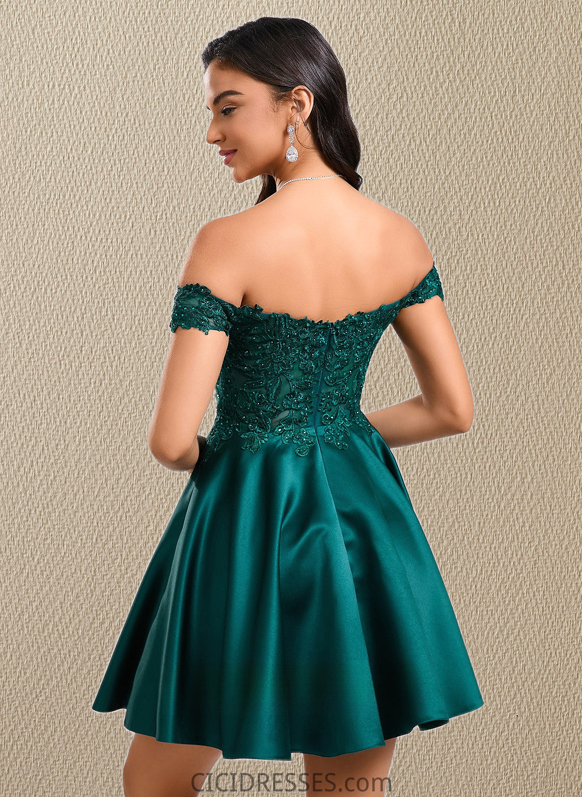 Kaitlyn A-line Off the Shoulder Short Lace Satin Homecoming Dress With Rhinestone CIC8P0025718