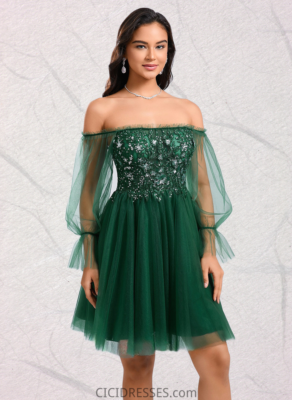 Elena A-line Off the Shoulder Short Tulle Homecoming Dress With Sequins Appliques Lace CIC8P0025663