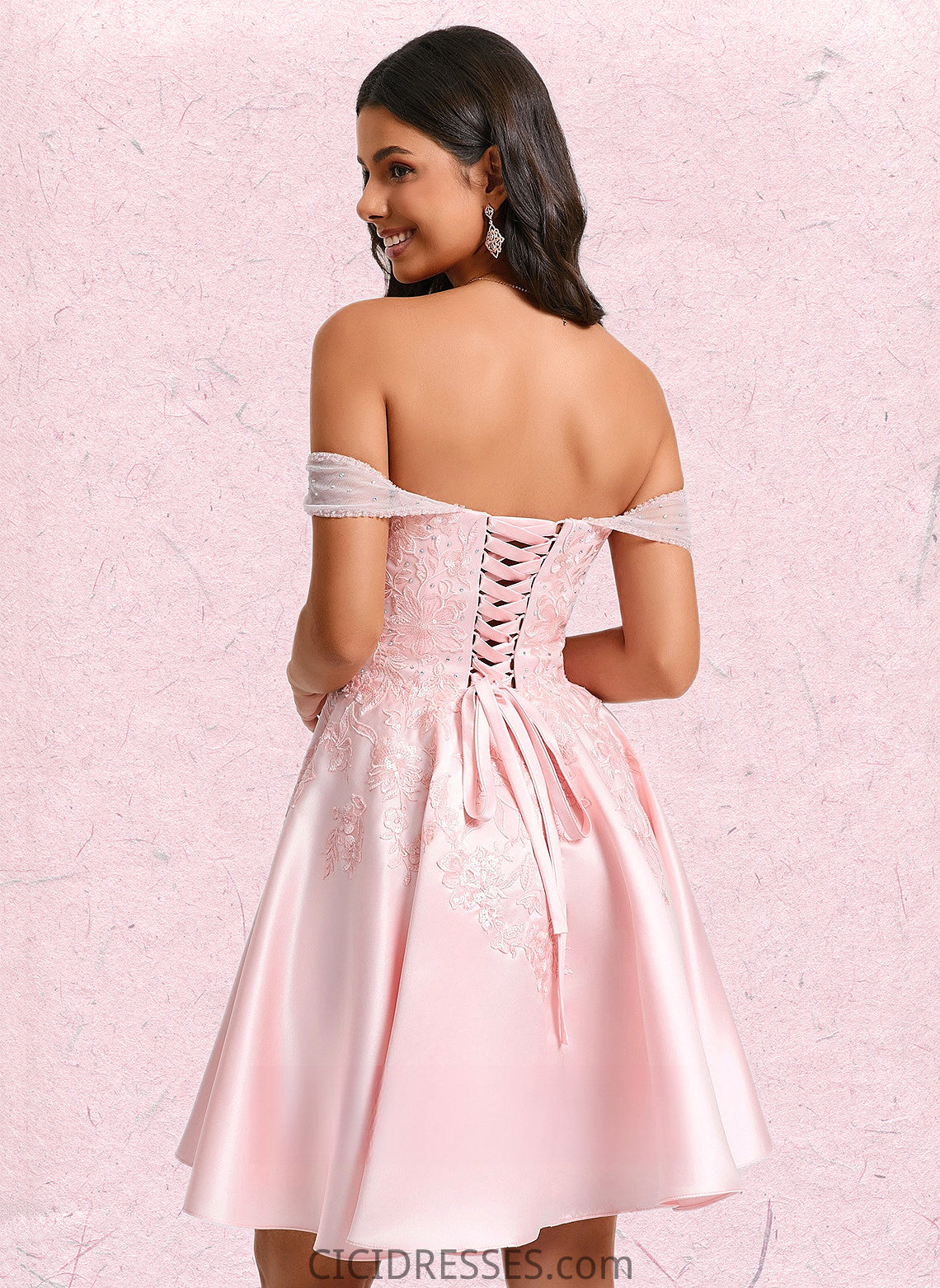 Melissa A-line Off the Shoulder Short Satin Homecoming Dress With Rhinestone Beading Appliques Lace CIC8P0025679