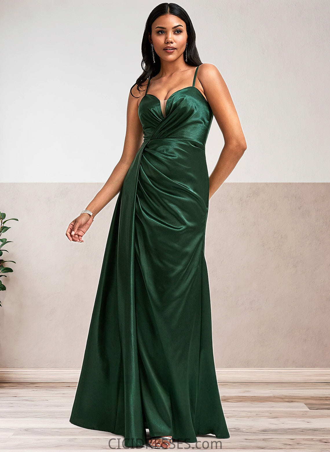 Tess A-line V-Neck Floor-Length Stretch Satin Bridesmaid Dress CIC8P0025745