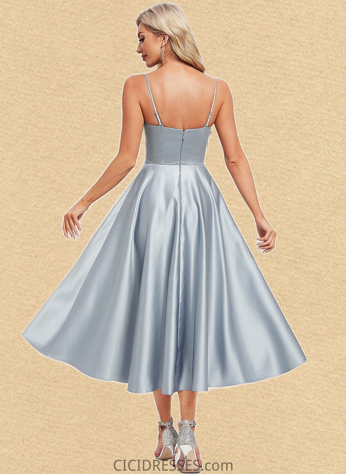 Emilia A-line V-Neck Tea-Length Satin Homecoming Dress CIC8P0025694