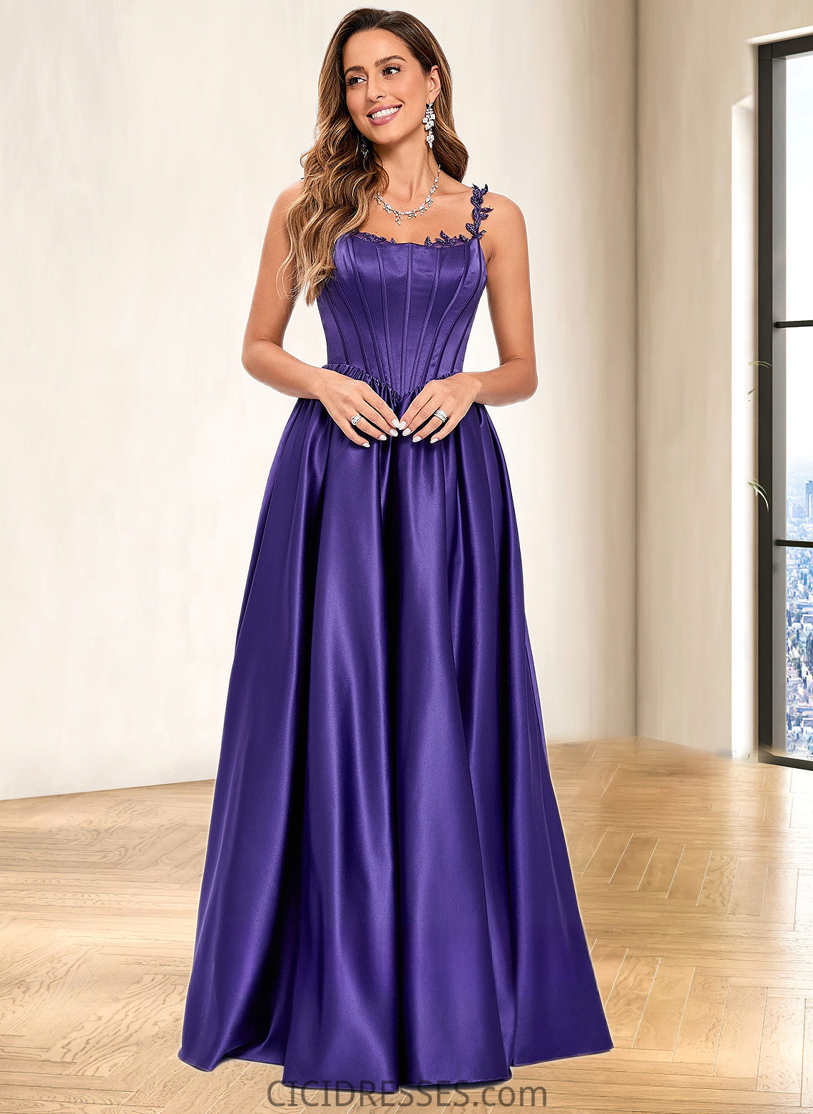 Madelyn Ball-Gown/Princess Scoop Floor-Length Satin Prom Dresses With Appliques Lace Beading CIC8P0025865