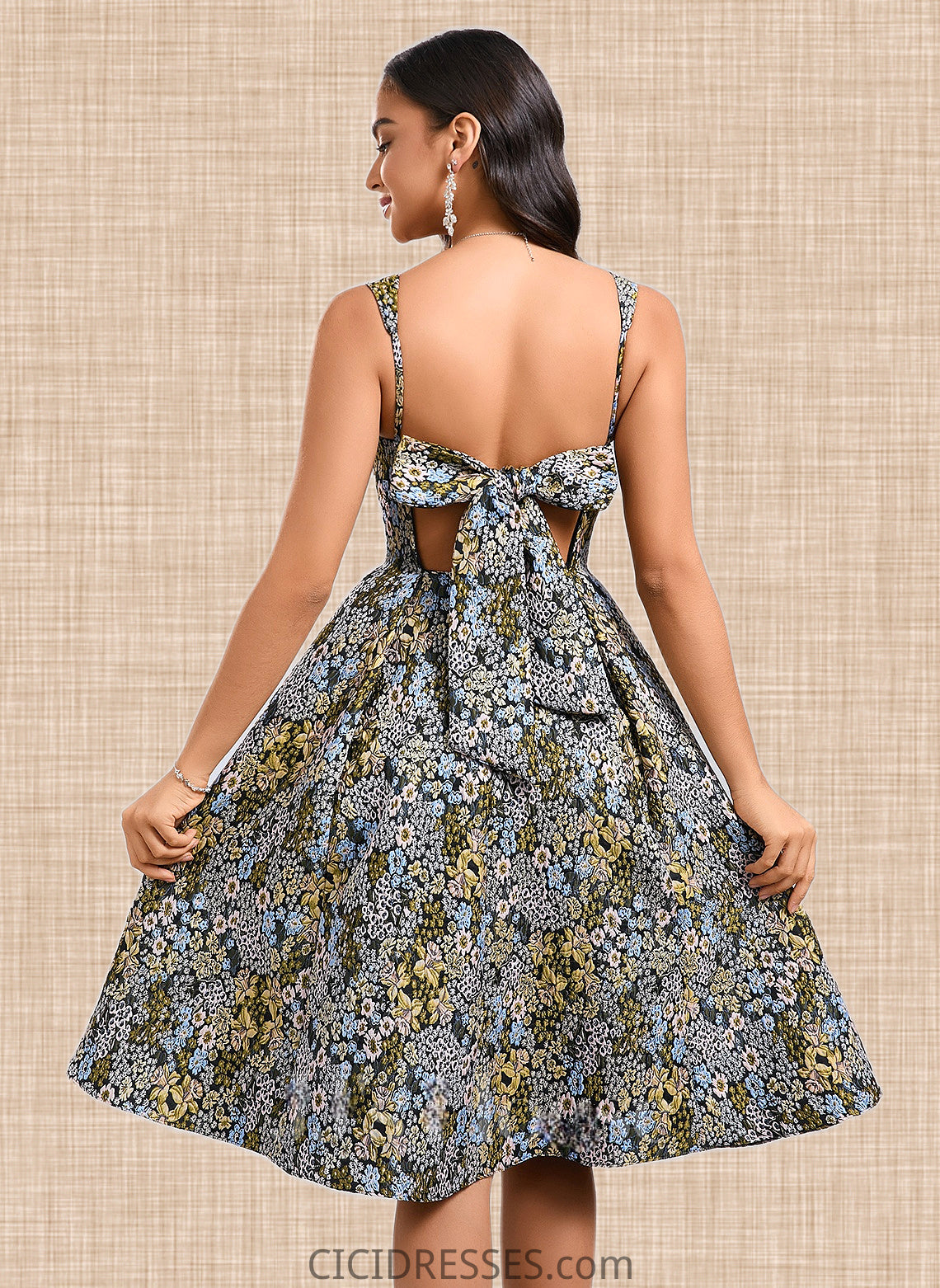 Mikayla A-line Square Knee-Length Jacquard Homecoming Dress With Bow CIC8P0025687