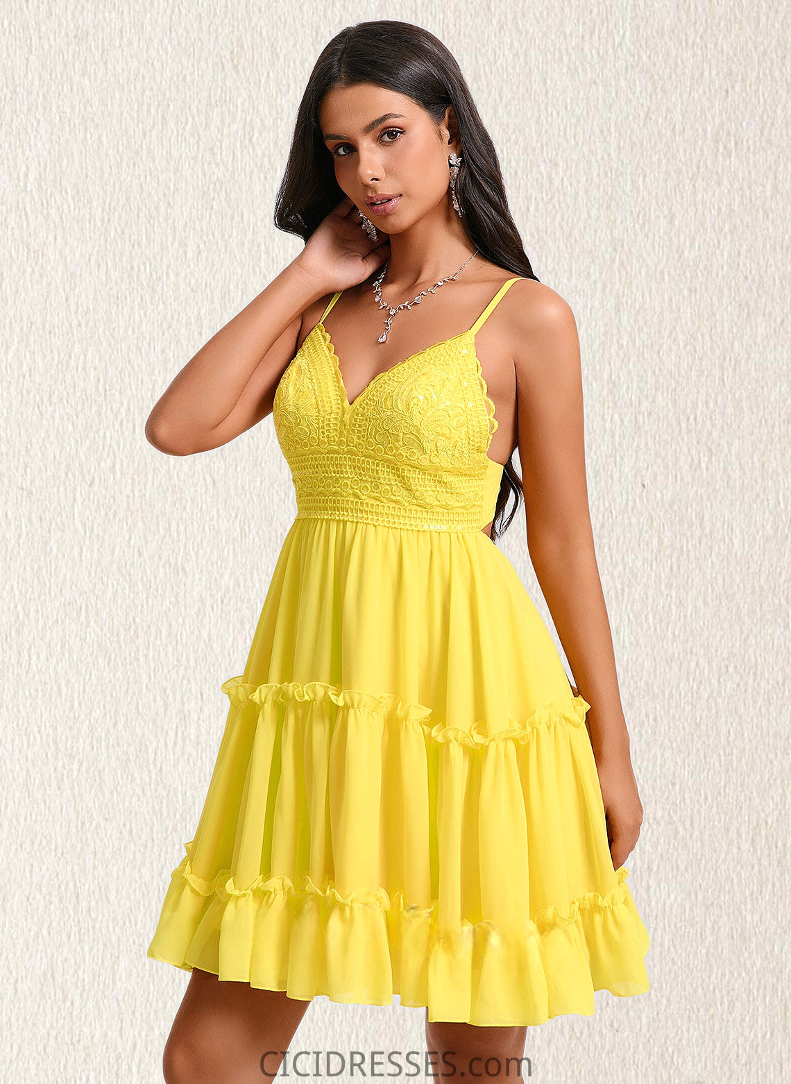 Ingrid A-line V-Neck Short Chiffon Homecoming Dress With Ruffle Sequins CIC8P0025700