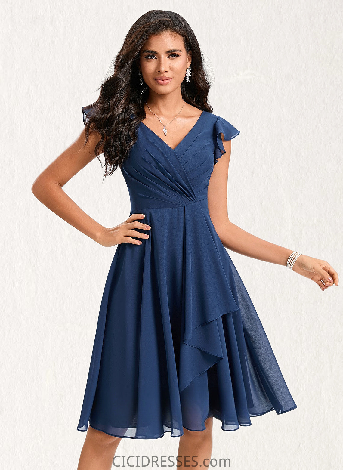 Ashly A-line V-Neck Knee-Length Chiffon Homecoming Dress With Ruffle CIC8P0025684