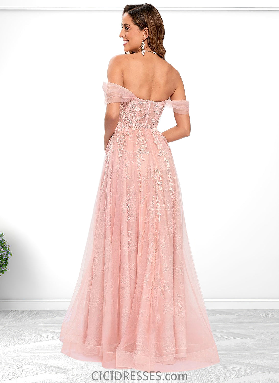 Kayley A-line Sweetheart Off the Shoulder Floor-Length Tulle Floral Lace Prom Dresses With Appliques Lace CIC8P0025870