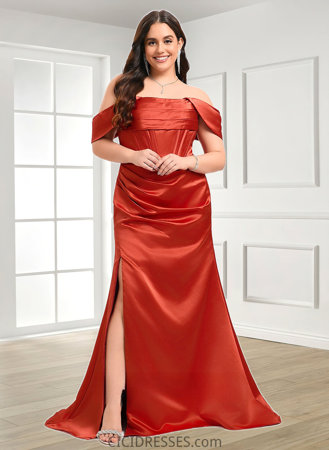 Gretchen Trumpet/Mermaid Off the Shoulder Sweep Train Satin Prom Dresses CIC8P0025832