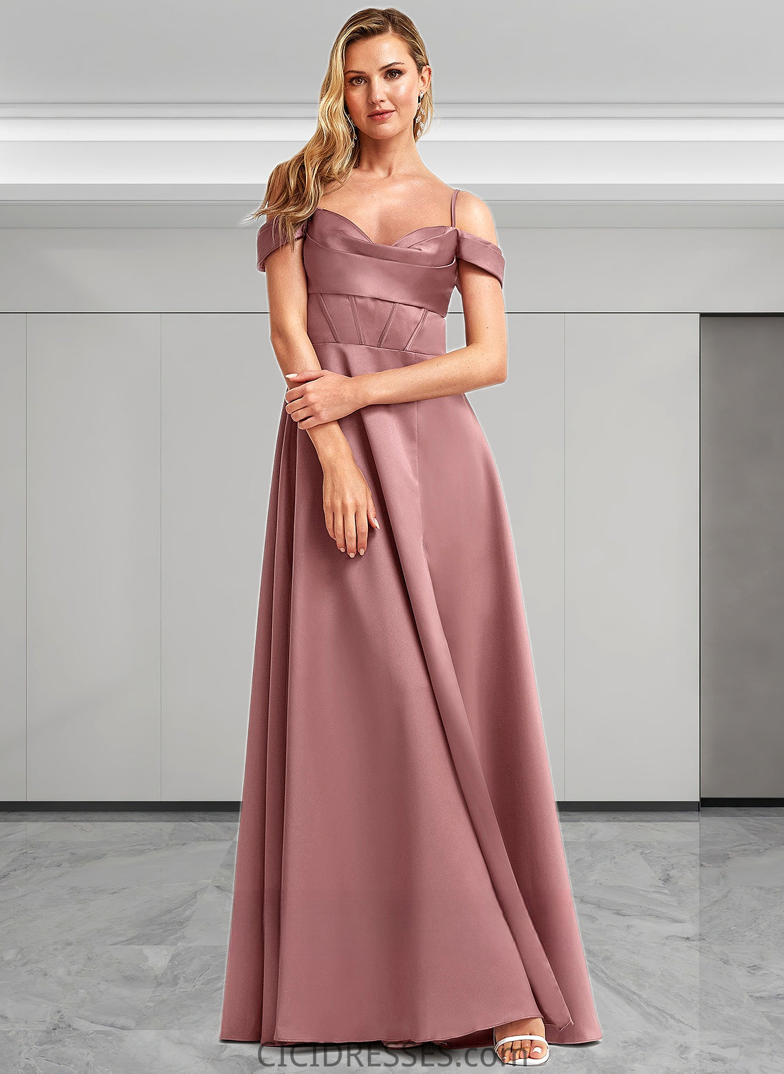 Rhianna A-line Cold Shoulder Floor-Length Satin Bridesmaid Dress CIC8P0025750