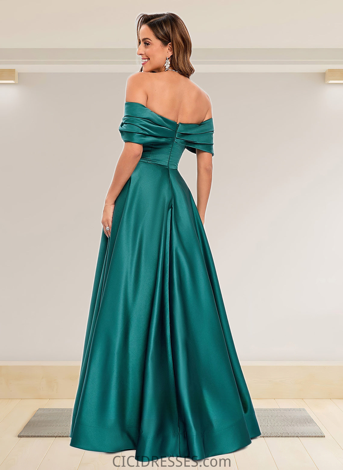 Katherine A-line Off the Shoulder Floor-Length Satin Prom Dresses With Pleated CIC8P0025851