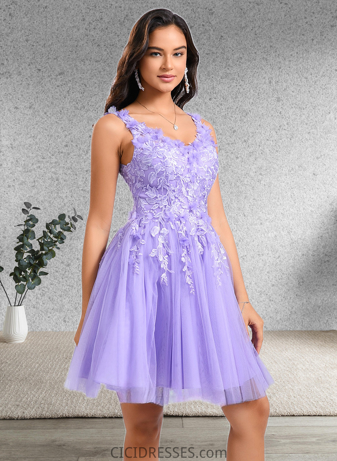 Maritza Ball-Gown/Princess V-Neck Short Lace Tulle Homecoming Dress With Flower CIC8P0025656