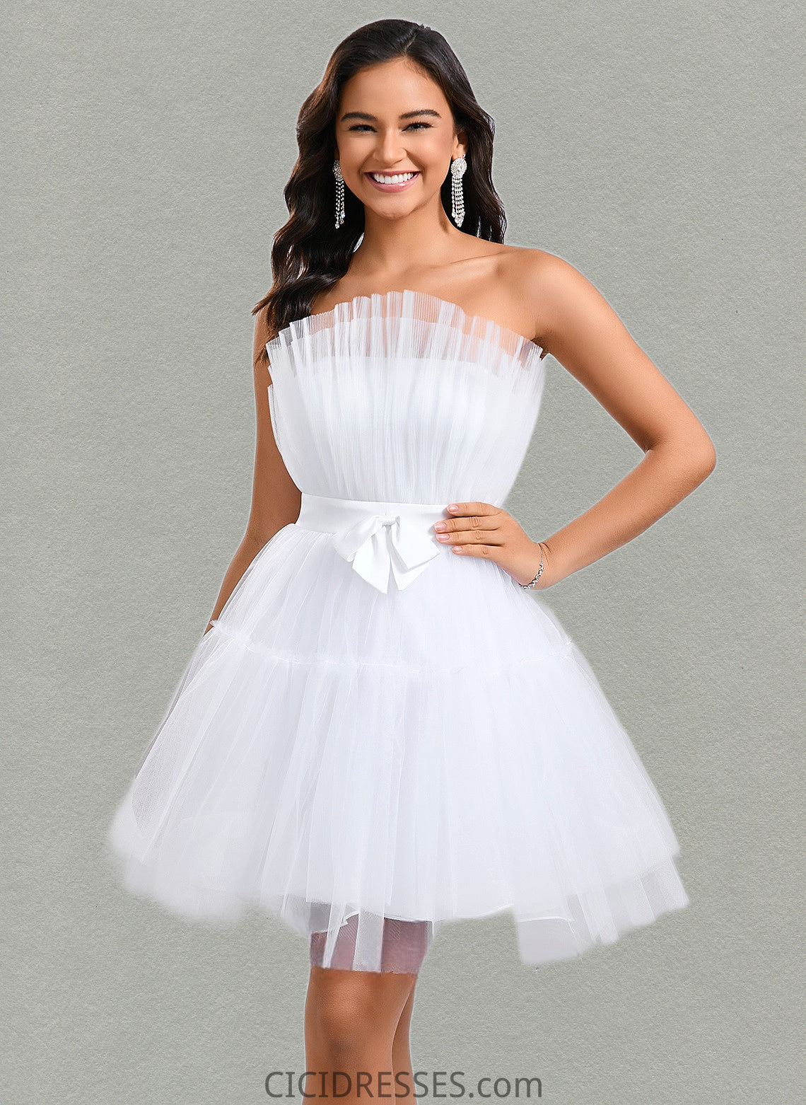 Ana Ball-Gown/Princess Asymmetrical Short Tulle Homecoming Dress With Bow CIC8P0025709