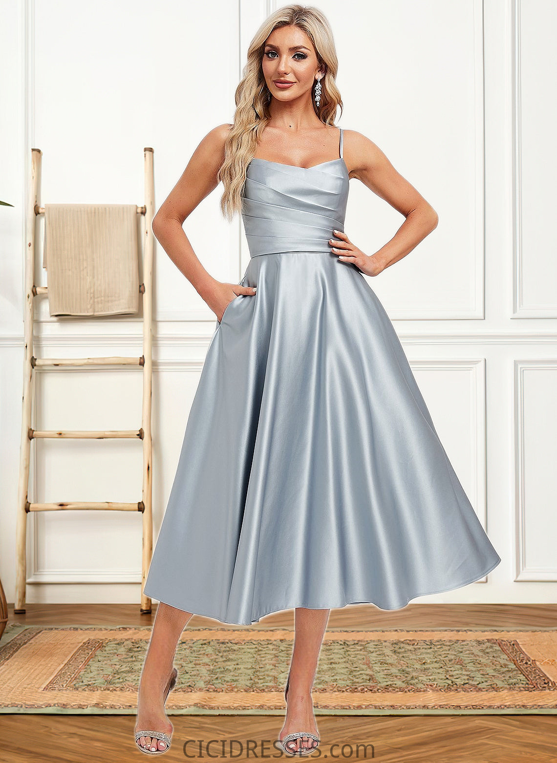 Lyric A-line V-Neck Tea-Length Satin Bridesmaid Dress CIC8P0025794