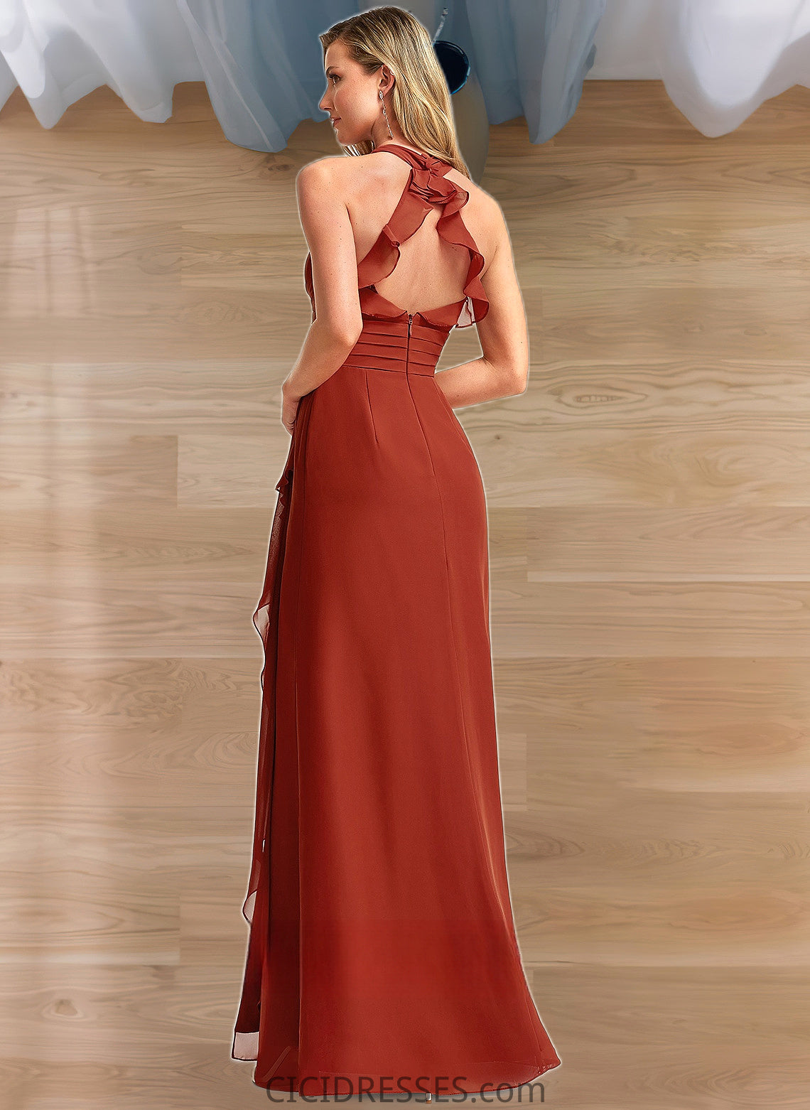 Carissa A-line V-Neck Floor-Length Chiffon Bridesmaid Dress With Ruffle CIC8P0025754