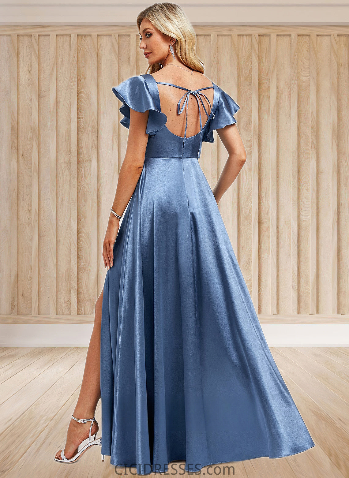 Ruth A-line Square Floor-Length Stretch Satin Bridesmaid Dress With Ruffle CIC8P0025769