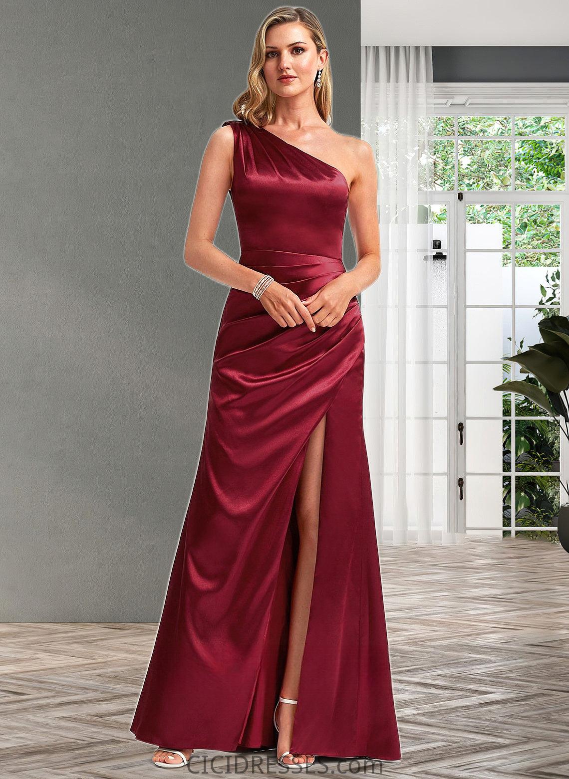 Yvonne A-line One Shoulder Floor-Length Stretch Satin Bridesmaid Dress With Bow CIC8P0025758