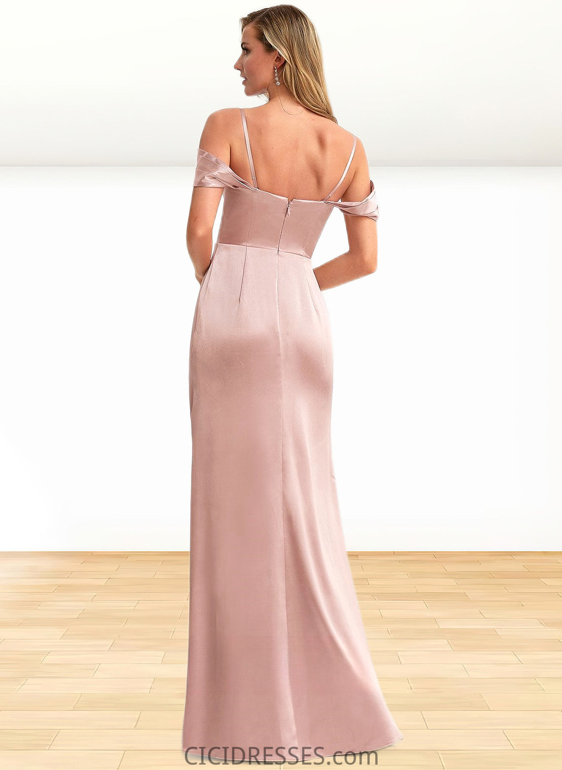 Sarahi A-line Cold Shoulder Floor-Length Stretch Satin Bridesmaid Dress CIC8P0025747