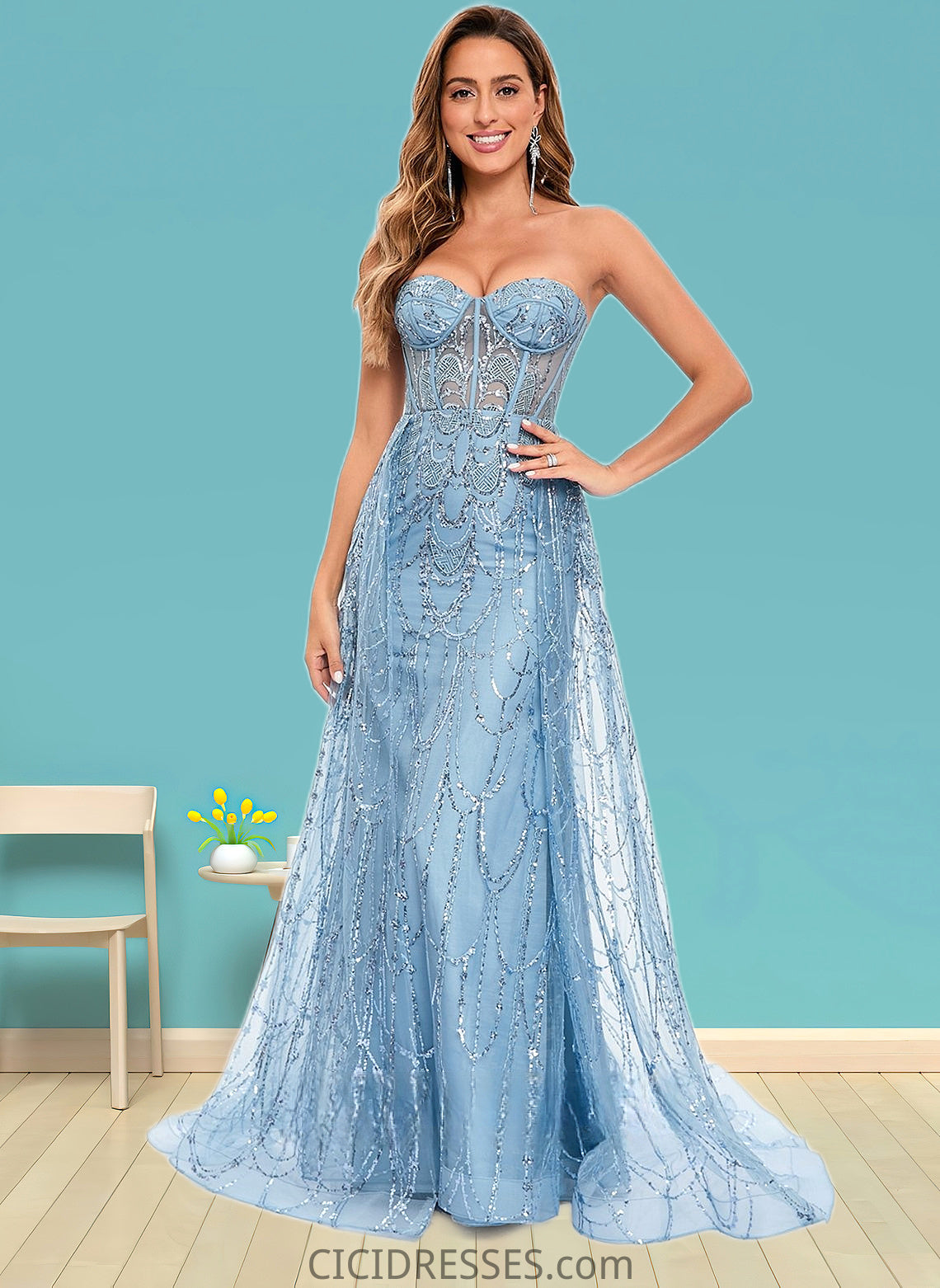 Emilie Sheath/Column Sweetheart Sweep Train Sequin Tulle Prom Dresses With Sequins CIC8P0025860