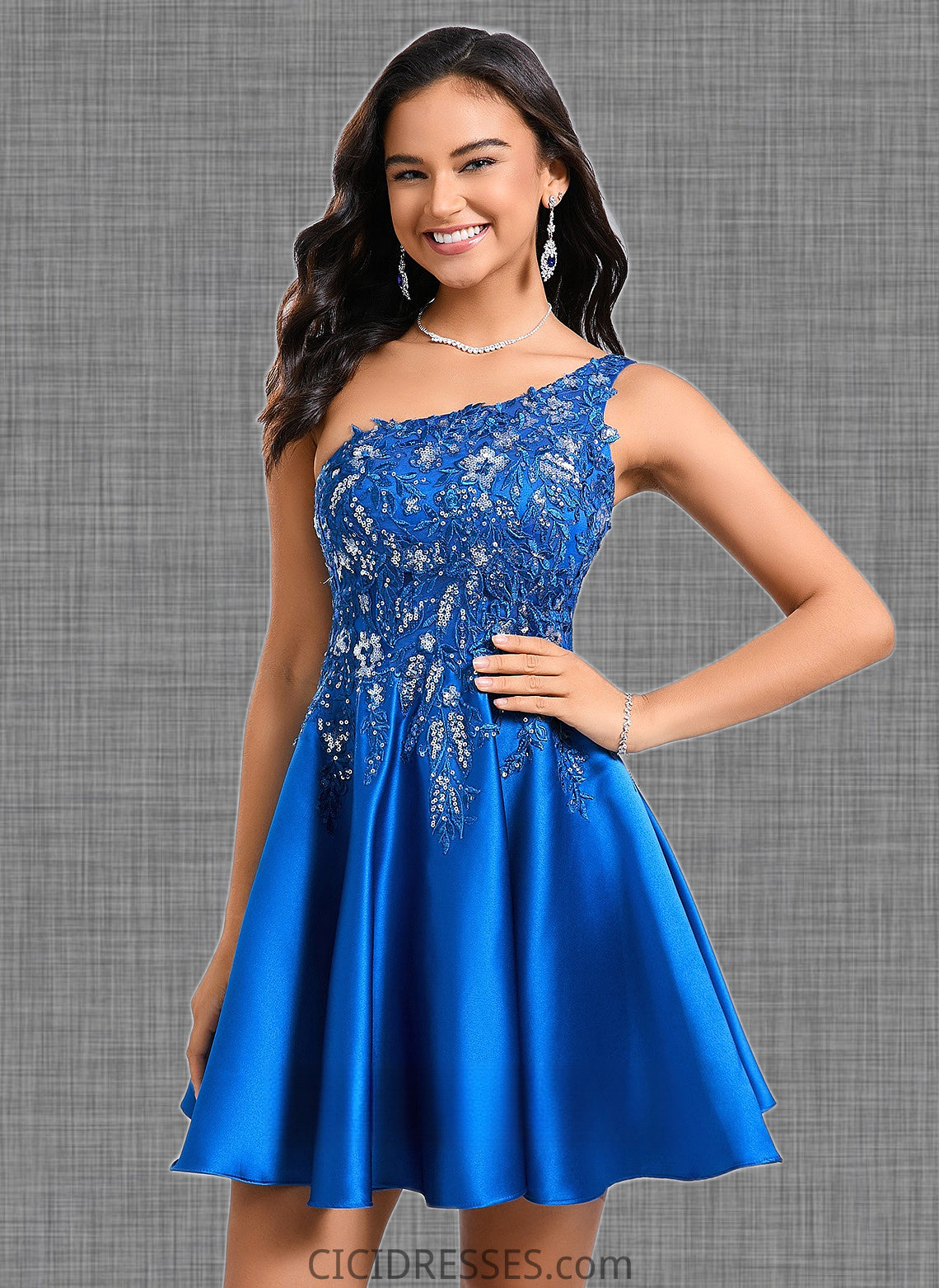 Kaydence A-line One Shoulder Short Satin Homecoming Dress With Appliques Lace Sequins CIC8P0025657