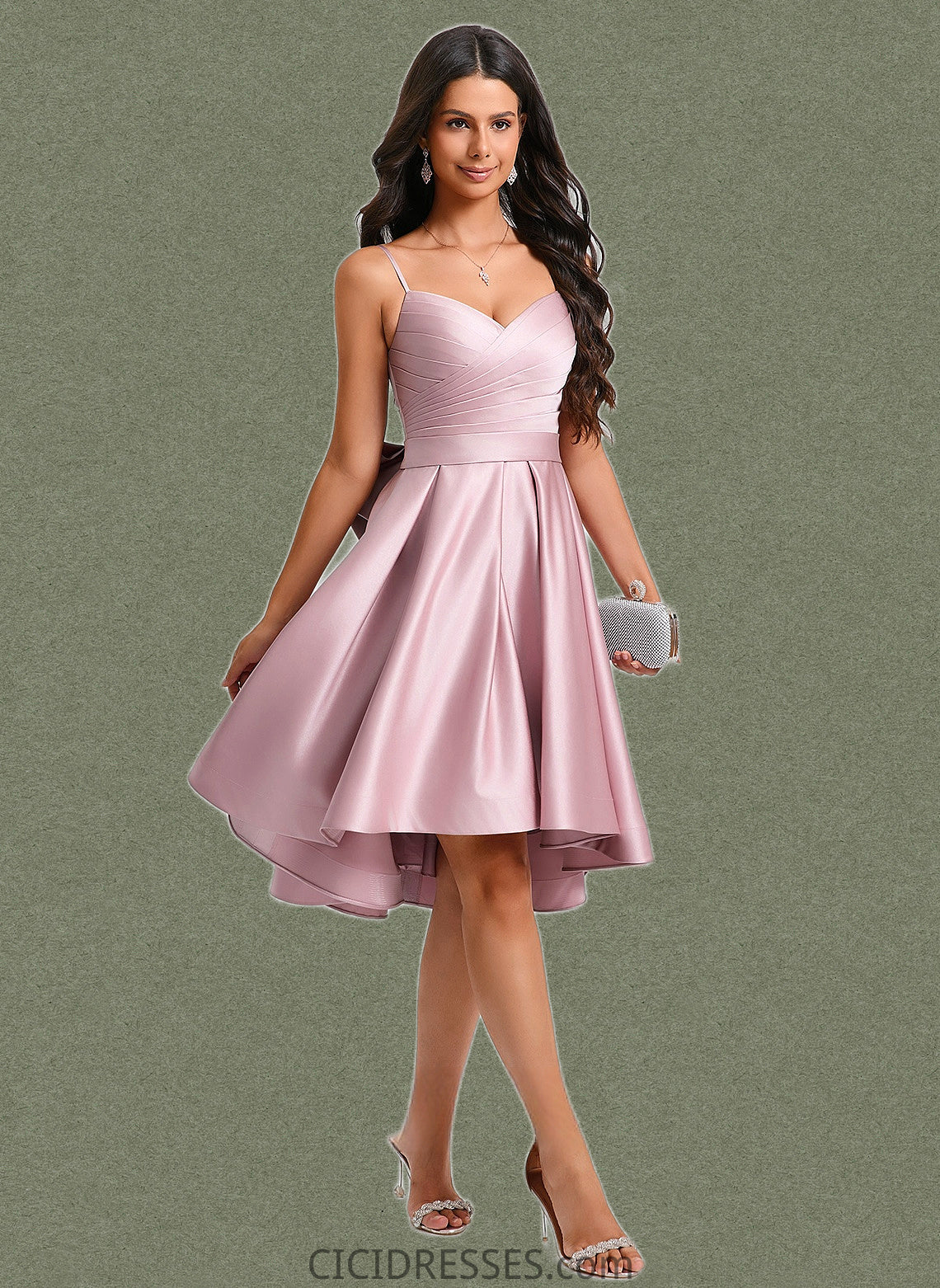 Vicky A-line V-Neck Asymmetrical Satin Homecoming Dress With Bow Pleated CIC8P0025699