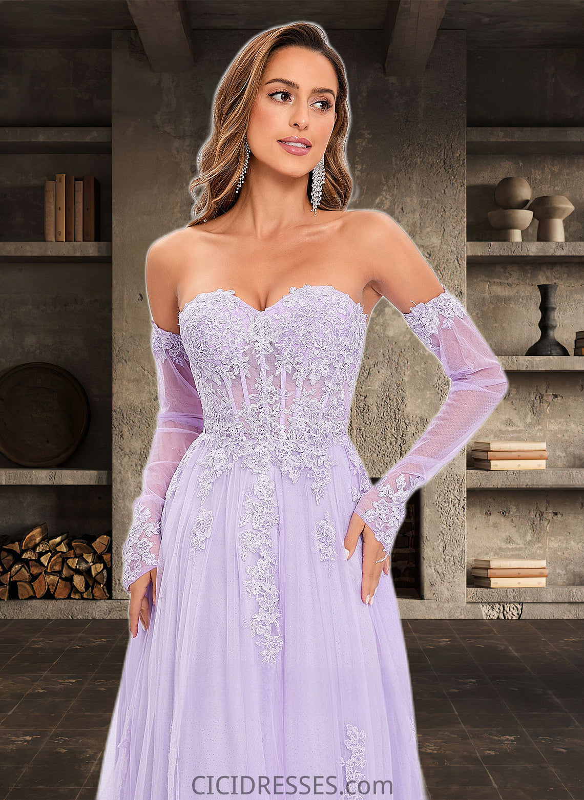 Pancy A-line Sweetheart Sweep Train Tulle Prom Dresses With Sequins Appliques Lace CIC8P0025856