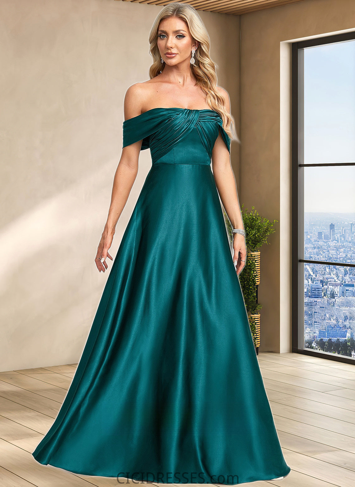 Phyllis A-line Off the Shoulder Floor-Length Stretch Satin Prom Dresses CIC8P0025879