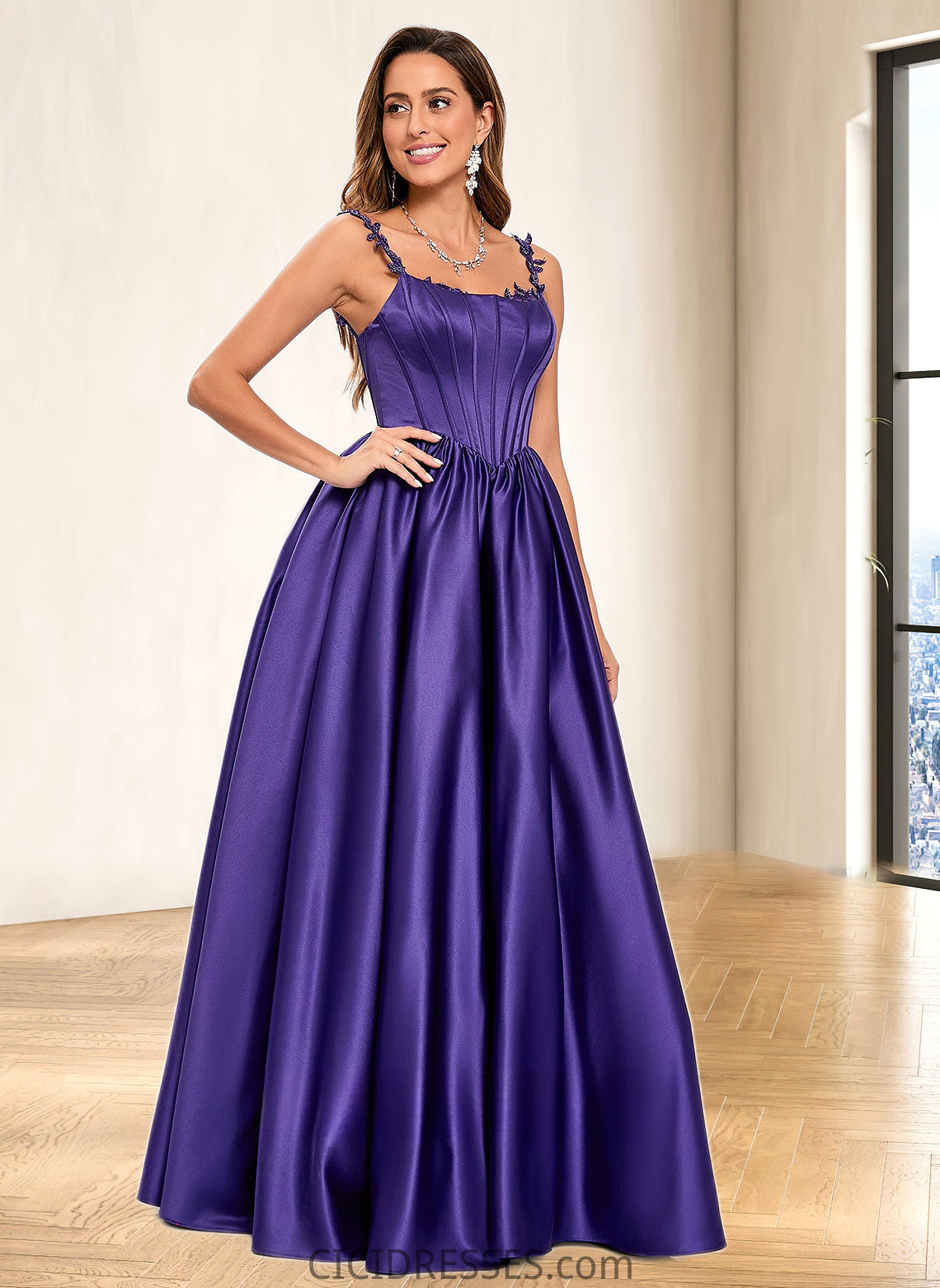 Madelyn Ball-Gown/Princess Scoop Floor-Length Satin Prom Dresses With Appliques Lace Beading CIC8P0025865