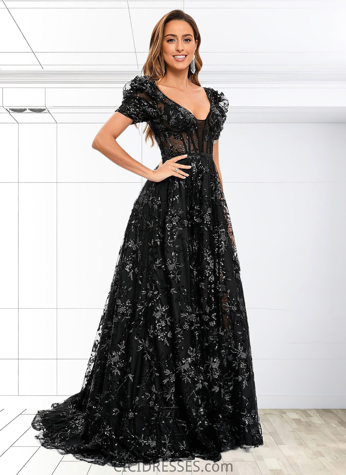 Kendal A-line V-Neck Sweep Train Floral Lace Prom Dresses With Sequins CIC8P0025869