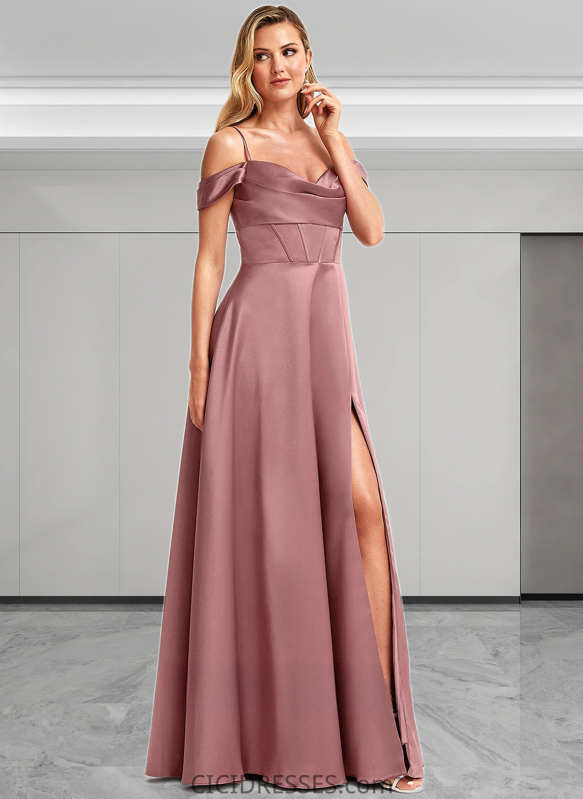 Rhianna A-line Cold Shoulder Floor-Length Satin Bridesmaid Dress CIC8P0025750