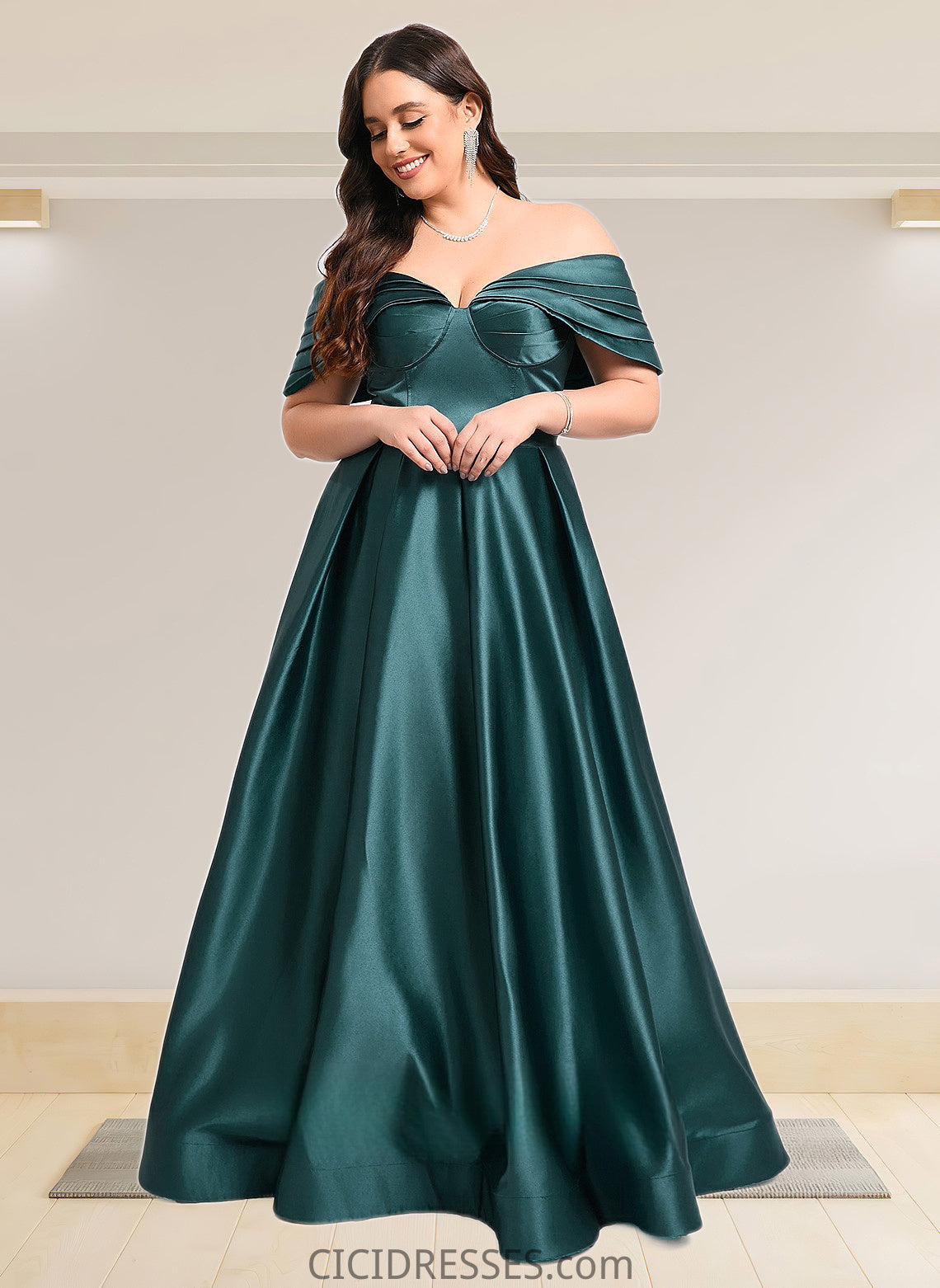 Katherine A-line Off the Shoulder Floor-Length Satin Prom Dresses With Pleated CIC8P0025851