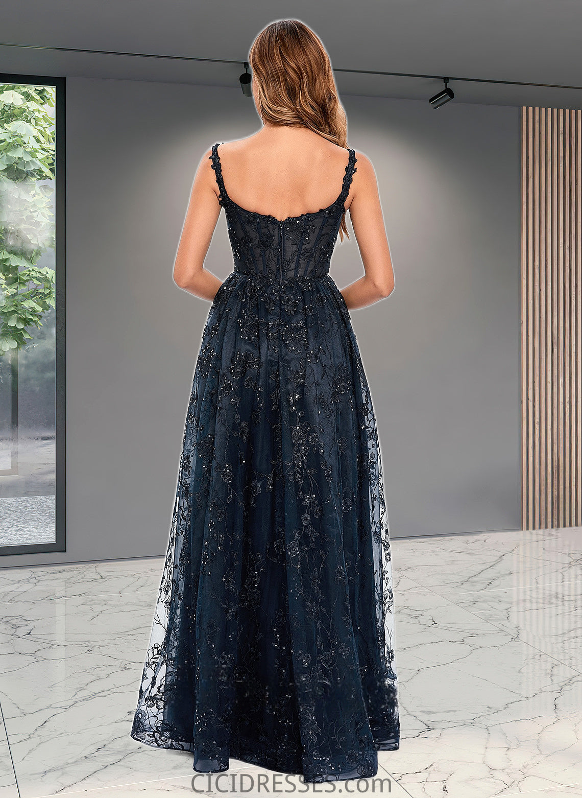 Louisa A-line Square Floor-Length Organza Lace Floral Prom Dresses With Sequins CIC8P0025844