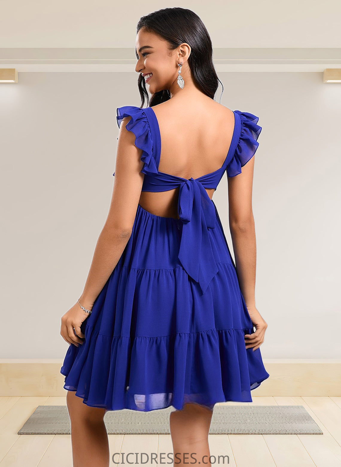 Jennifer A-line Square Short Chiffon Homecoming Dress With Bow CIC8P0025665