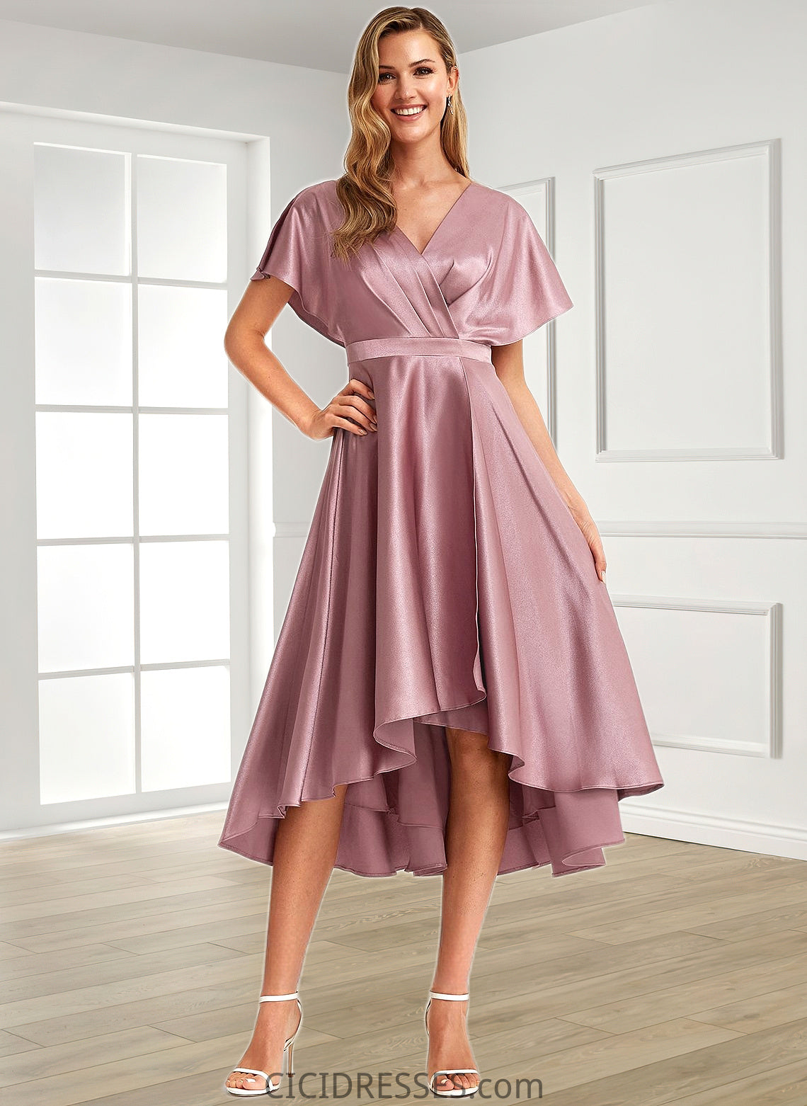 Elvira A-line V-Neck Asymmetrical Stretch Satin Bridesmaid Dress CIC8P0025752